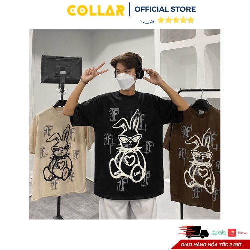 Áo cotton thun COLLAR hình thỏ đeo kính form thụng rộng tay lỡ thời trang nam nữ mùa hè (đen, be)