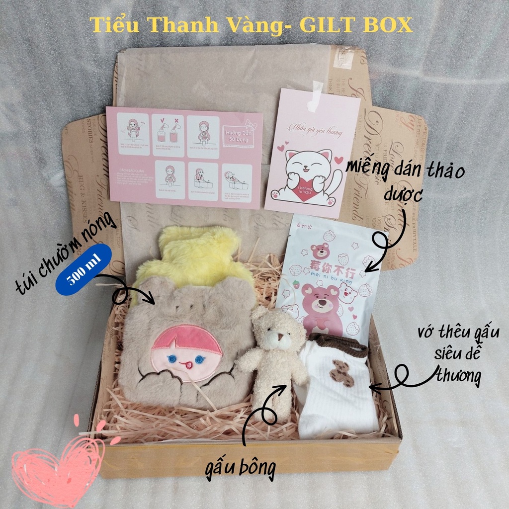 Box quà tặng bạn gái combo 5 món túi chườm nóng 500ml nhung mềm dễ thương