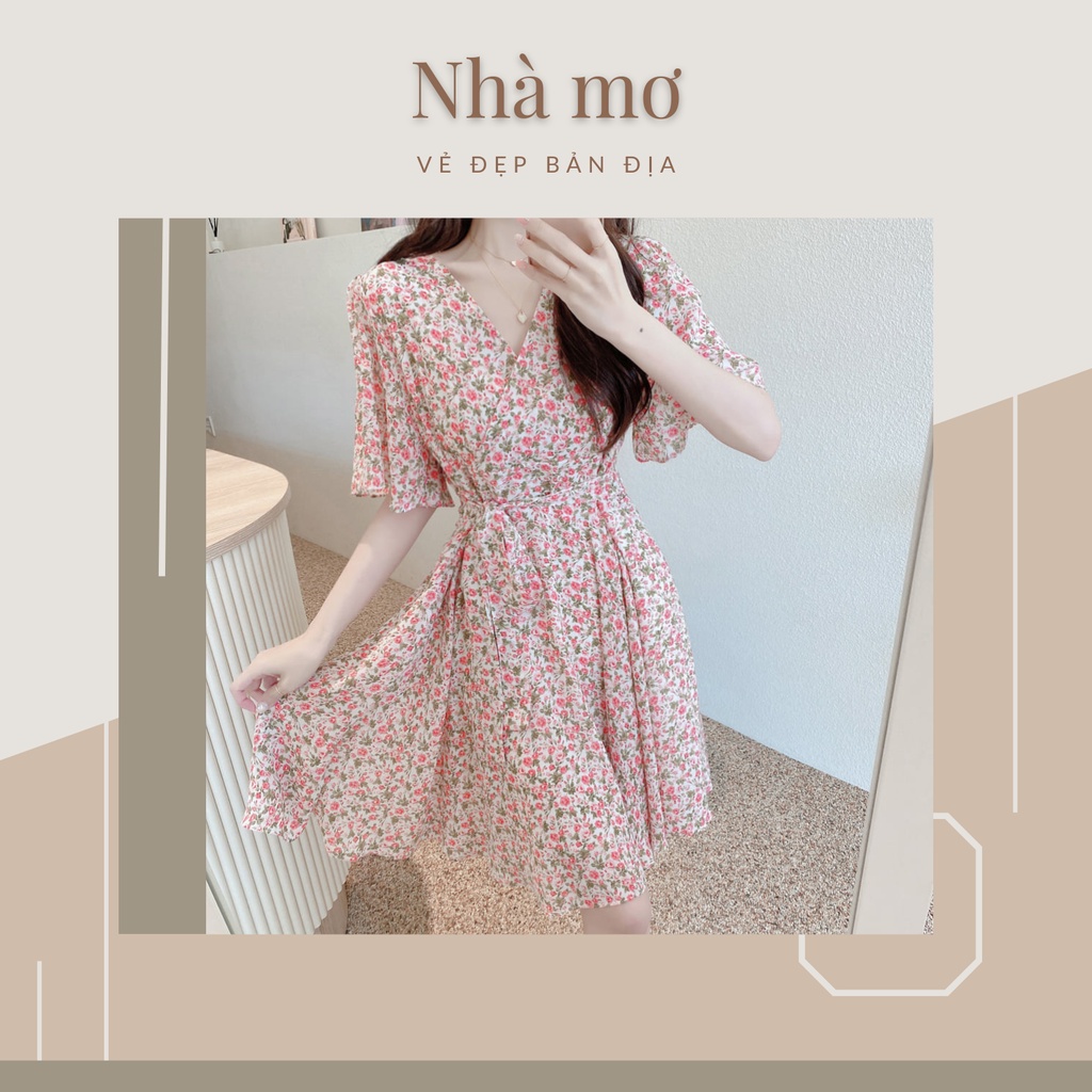 Đầm midi tay lỡ dáng xòe họa tiết hoa nhí phong cách Hàn Quốc