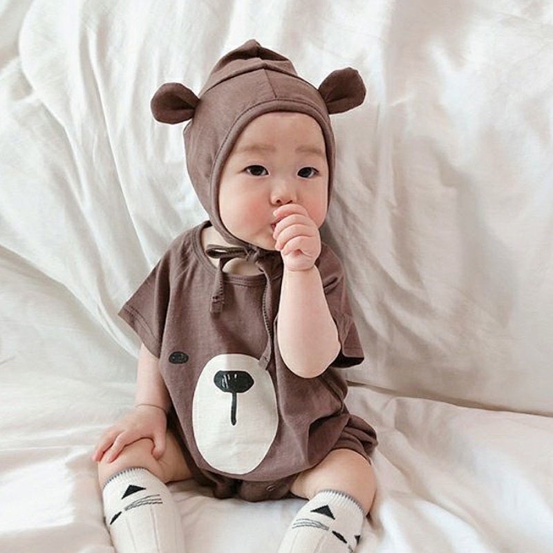 Set body mặt gấu kèm mũ đáng yêu cho bé từ 3-10kg, chất cotton tàu xịn mềm mịn thấm hút mồ hôi