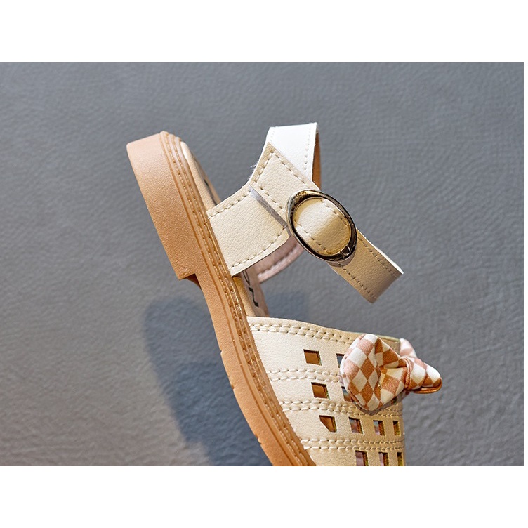 Sandal Búp Bê Cho Bé Gái 2-7 Tuổi Cao Su Quai Dán Hoạ Tiết Nơ Caro Nhỏ Xinh Xắn
