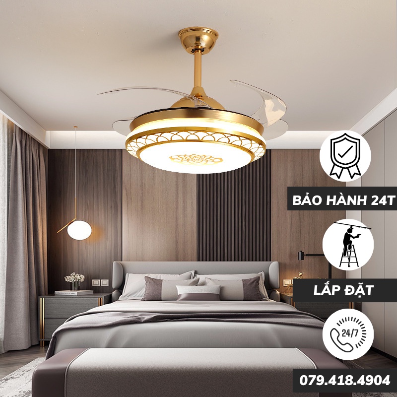 Quạt đèn trần hình hoa sen ấm áp Động cơ DC 6 tốc gió tiết kiệm điện 3 chế độ sáng BH 3-5 năm tặng kèm điều khiển