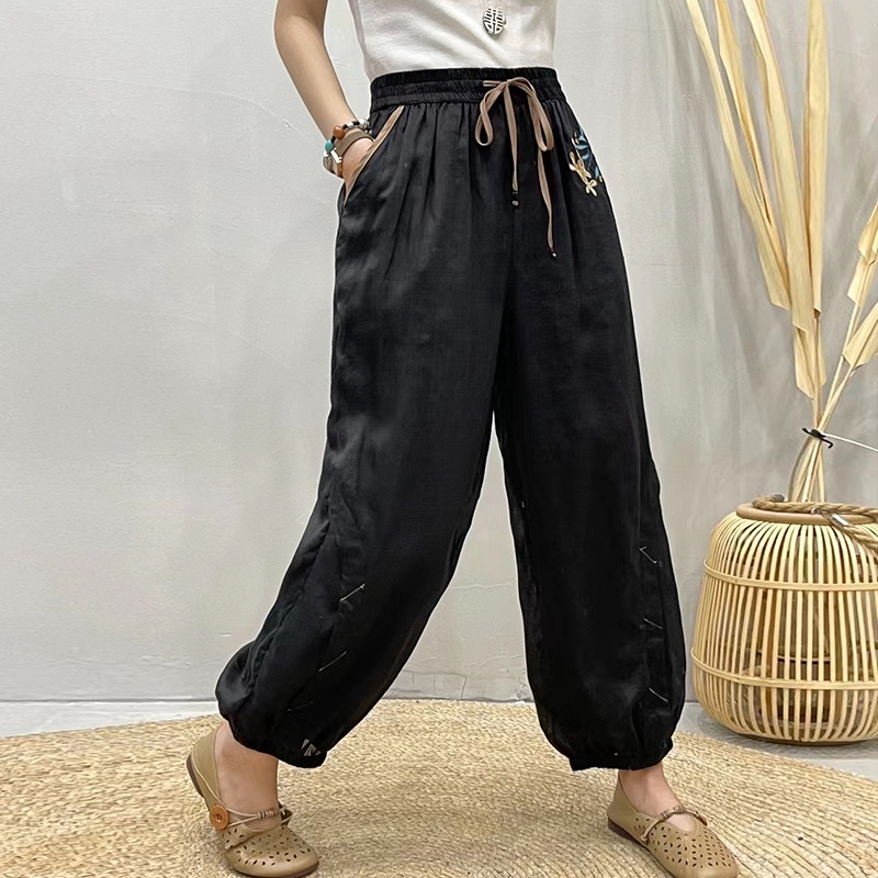 Quần baggy linen KAMAKA lưng thun thêu hoa hoa lá ống túm - NU8455