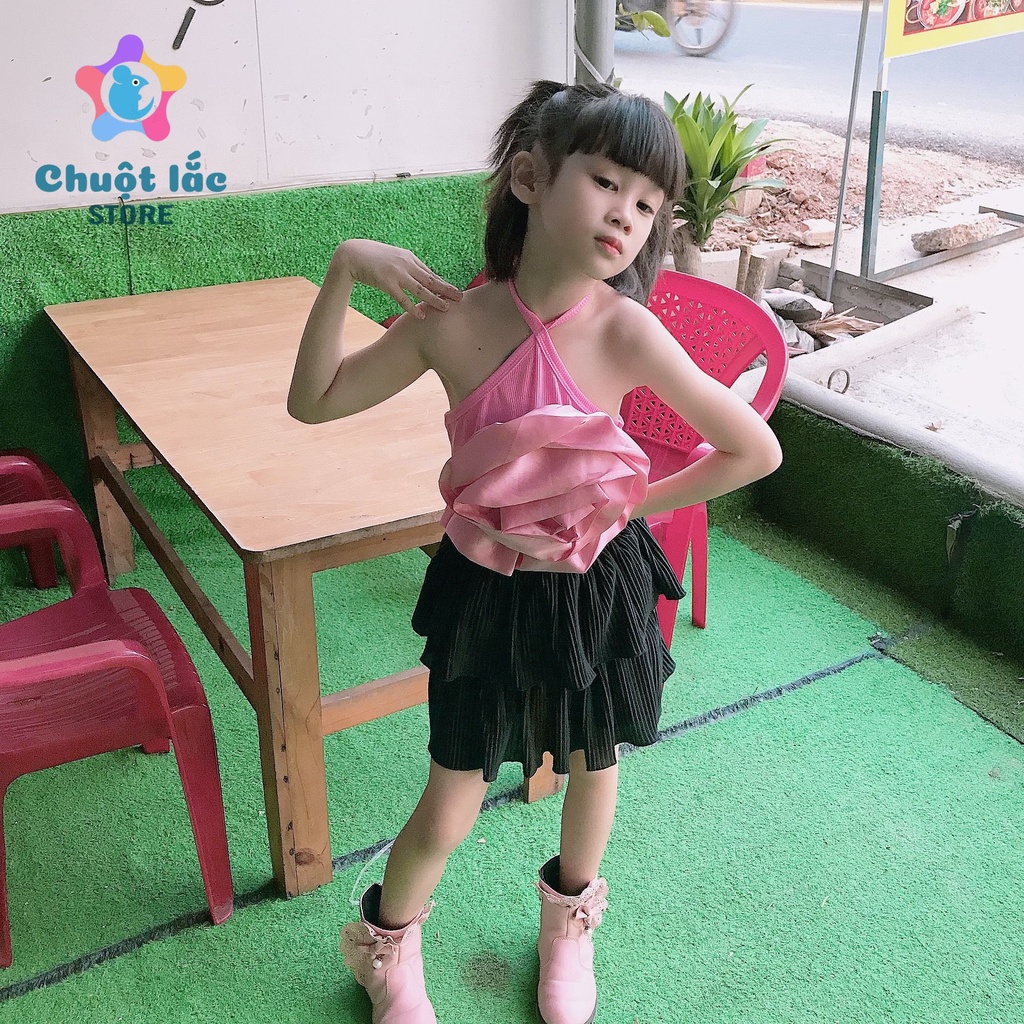 Sét váy bé gái kiểu yếm hoa hồng chân váy dập li 2 tầng 8kg đến 20kg