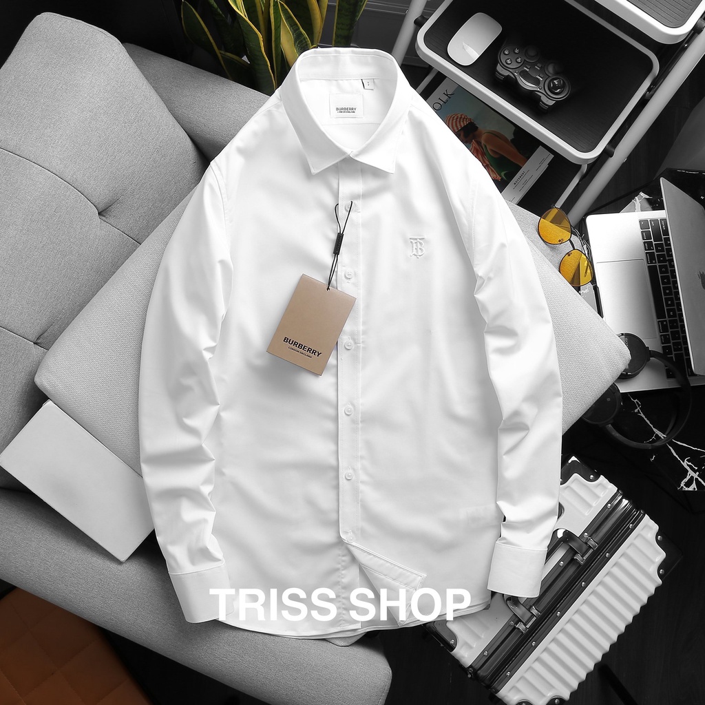 Sơ mi nam dài tay Burberry họa tiết trơn chất liệu cotton cao cấp form slim