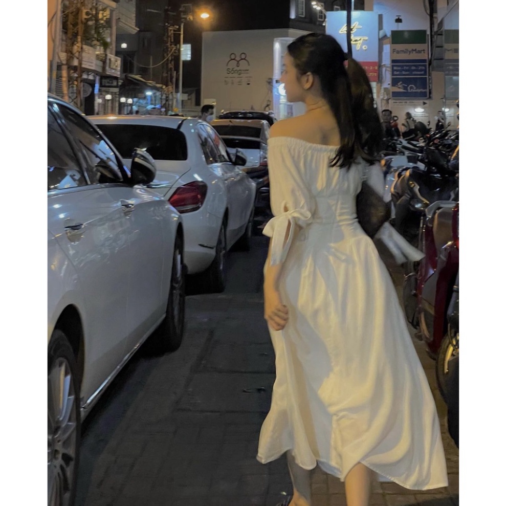 (Fom: <55kg)Đầm Midi Trễ Vai Tay Nơ Đẹp, Quá Sang Luôn, Mặc Đi Chơi Hay Tiệc Đều Form Đầm Sang Tôn Nhẹ Lên Dáng Như Tiểu | BigBuy360 - bigbuy360.vn