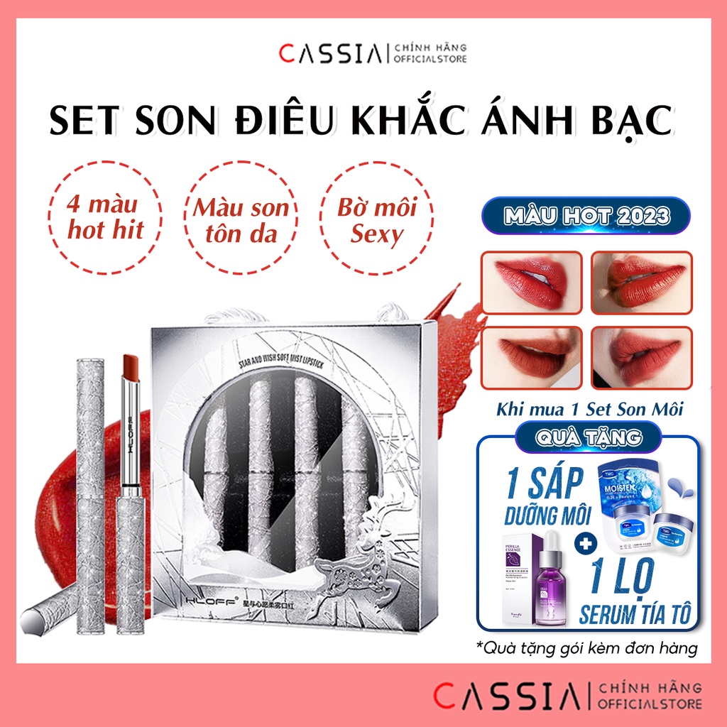 Set son thỏi lì điêu khắc ánh bạc, Set son nội địa trung mịn mượt như nhung, combo 4 son màu nồng cháy
