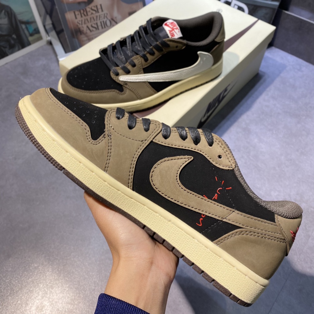 Giày Thể Thao Sneaker Nam Nữ Air Jordan 1 Low x Travis Scott Logo Ngược Hàng Cao Cấp Full Box