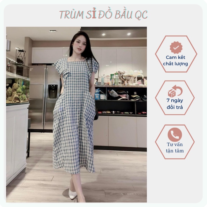 Váy bầu, đầm babydoll Caro cổ vuông tay hến, chất liệu đũi cao cấp mềm mát không nhăn thoải mái mặc đi làm công sở đẹp