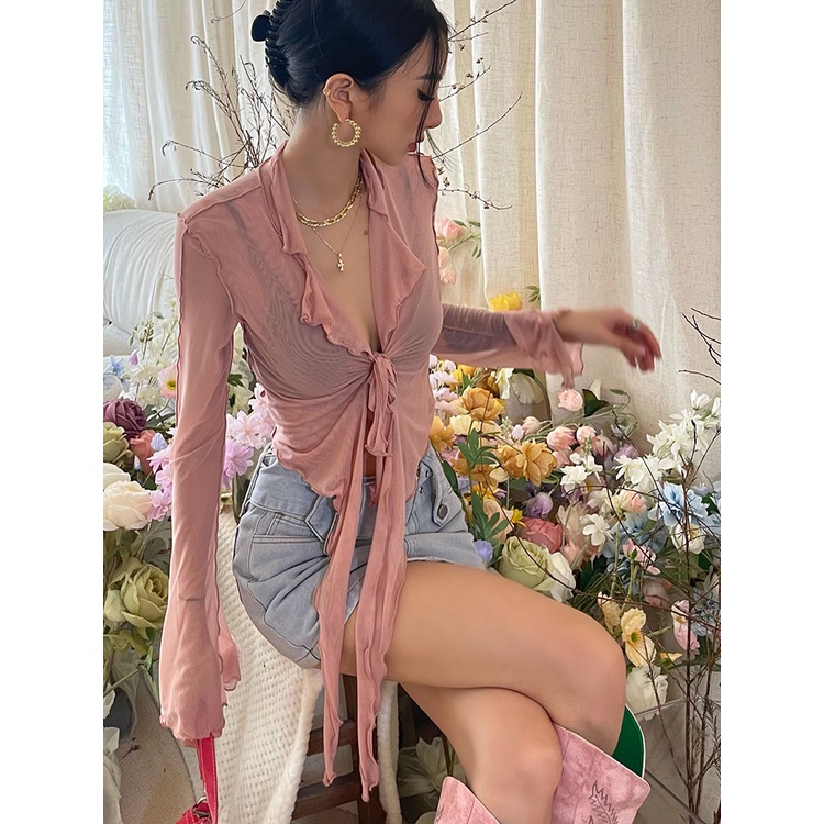 Cocory vn Áo Croptop Tay Dài Phối Ren Lưới Thời Trang Quyến Rũ Cho Nữ