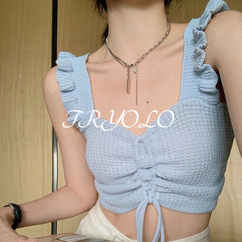 Áo Dệt Kim Hai Dây Màu Xanh Dương Dáng Ngắn Cho Nữ