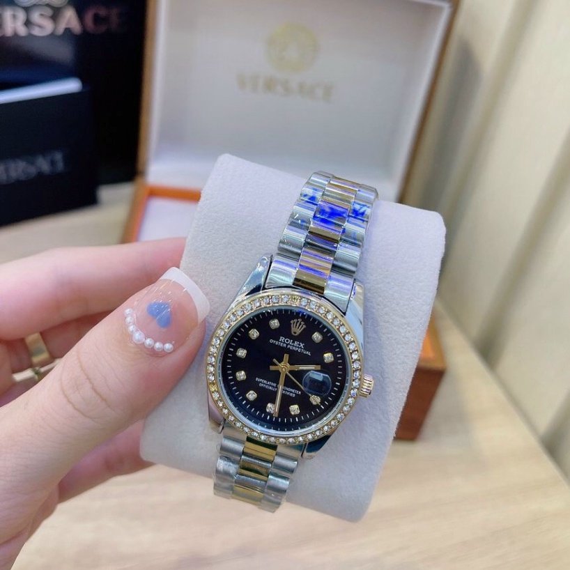 Đồng hồ nam nữ Rolex - viền đá dây kim loại chống nước - Combo Quà Chất