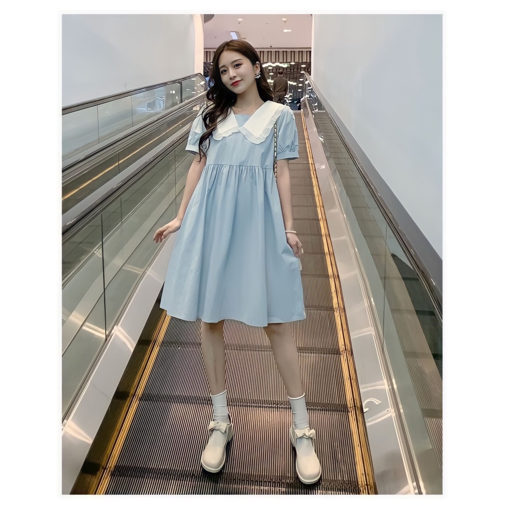 Đầm Nữ Tiểu Thư Cổ Phối Màu Xanh Mint 🦋 Váy Nữ Cổ Sen Cộc Tay Dáng Lỡ 🦋