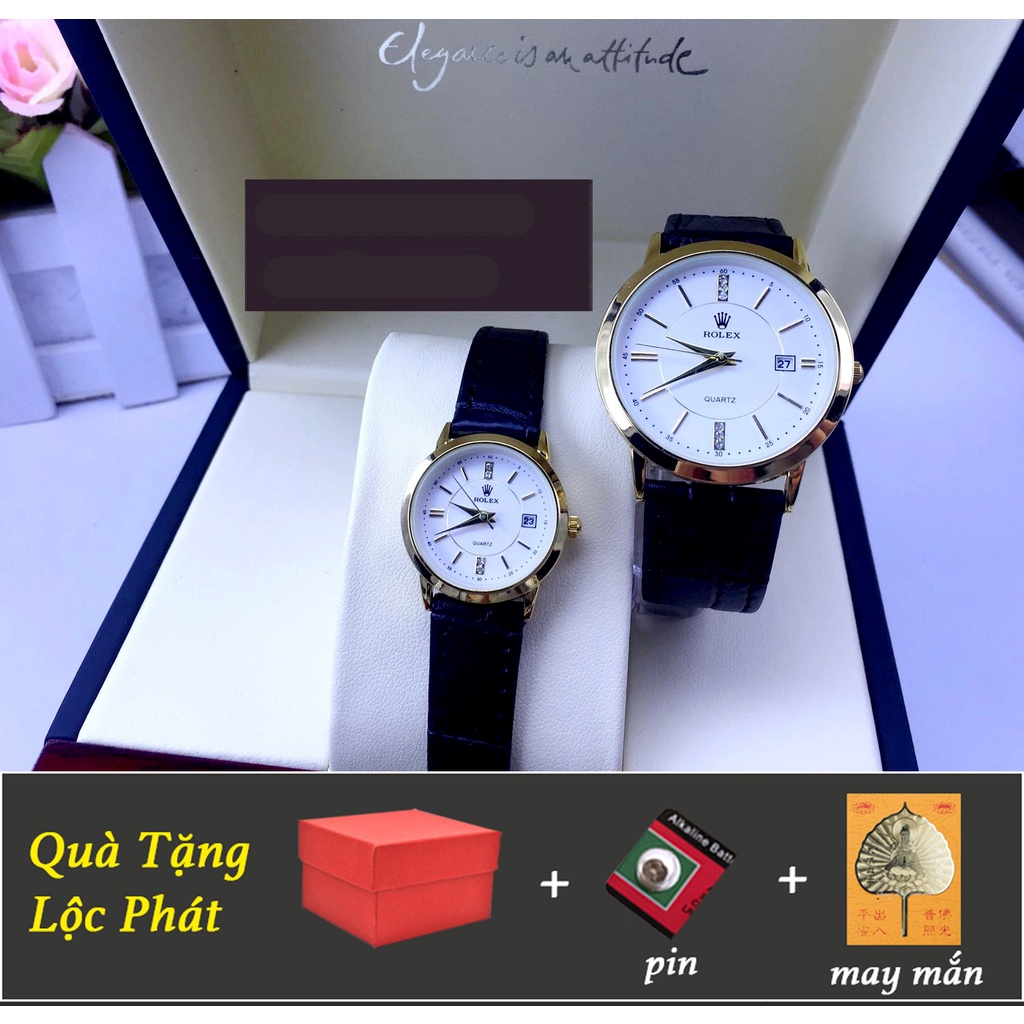Đồng hồ đôi nam nữ giá 1 đôi dây da mặt tròn viền vàng có lịch đồng hồ