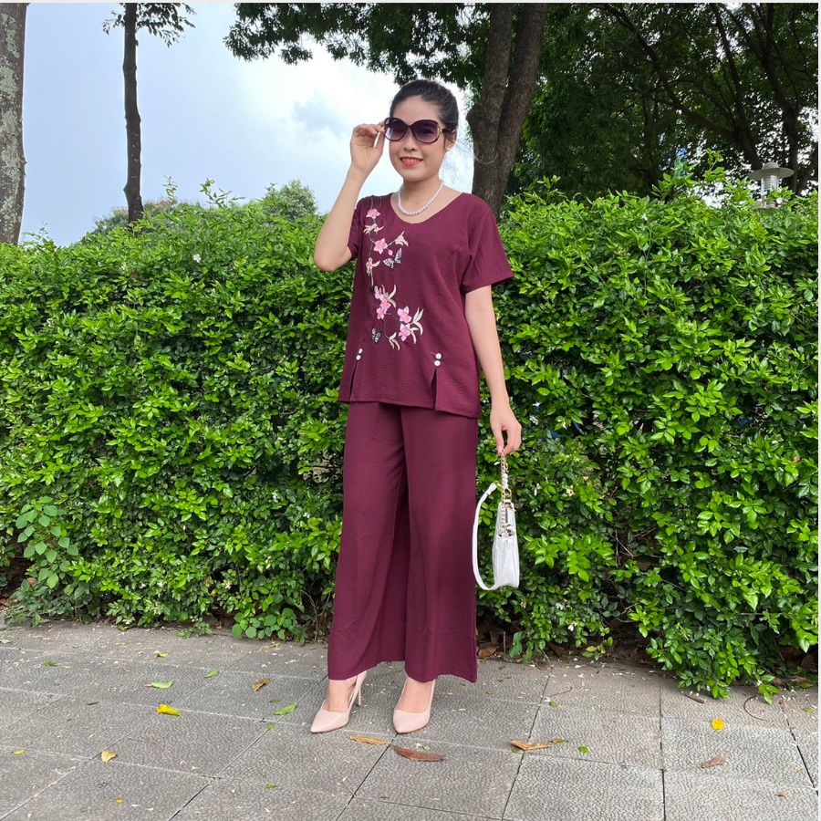 Đồ bộ cho mẹ mặc nhà trung niên, bộ đũi trung niên nữ thêu hoa, quần dài ống rộng cao cấp. CĐ