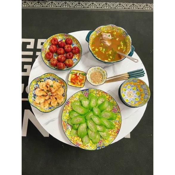 Siêu Sale - Bát Đĩa Gốm Sứ Decor, Bát Ăn Cơm, Bát Ăn Chè, Chén Dĩa Dễ Thương Bộ Bát Đĩa Thổ Cẩm Xanh Posimia