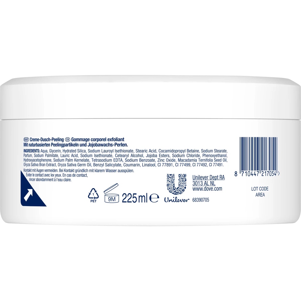 Tẩy Da Chết DOVE, Tẩy Da Chết Body Giúp Da Sáng Mịn Hàng Nội Địa Đức Chính Hãng Hũ 225ml