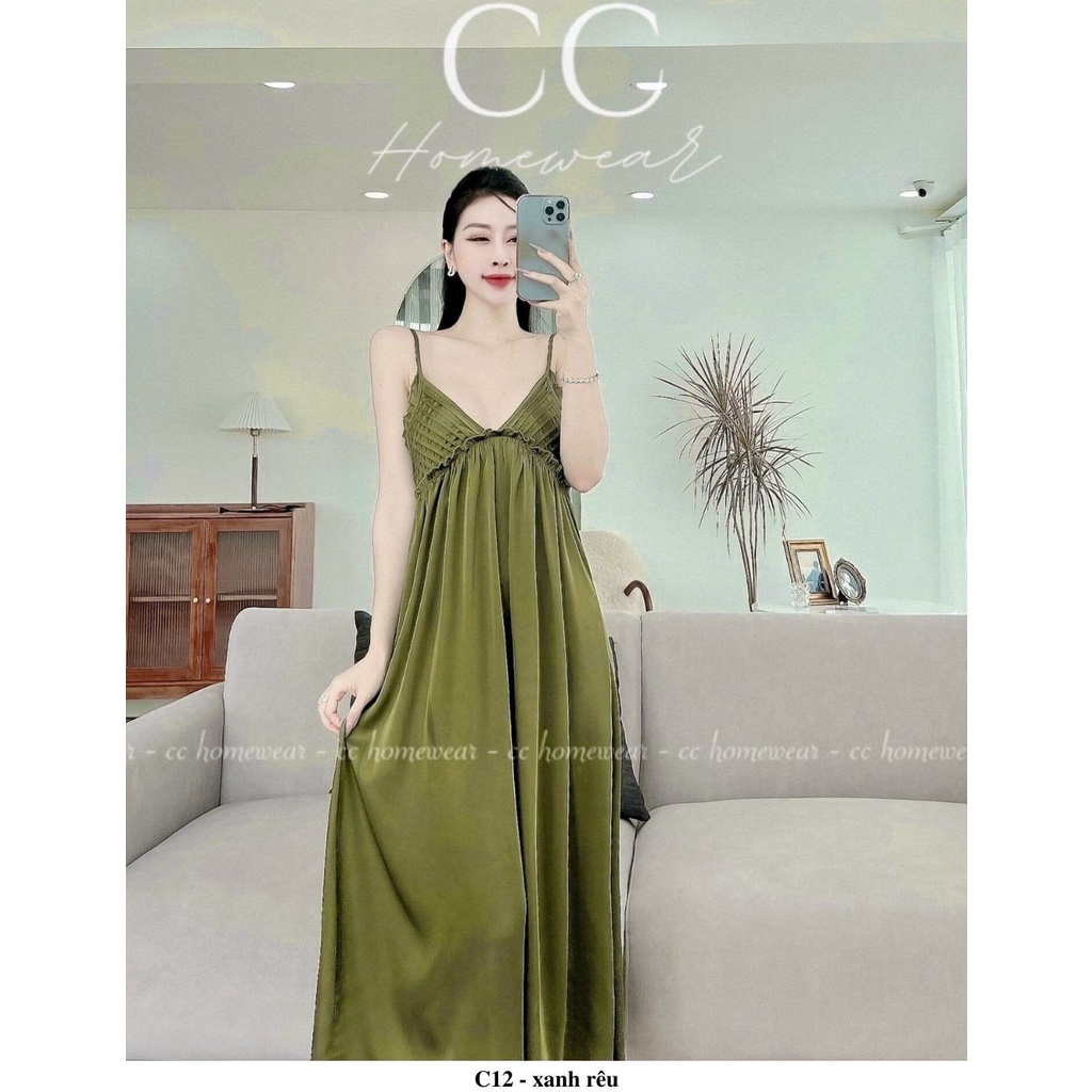 Đầm ngủ váy ngủ sexy C12 hàng hiệu CC HOMEWEAR dáng dài chất lụa maxi xếp li ngực