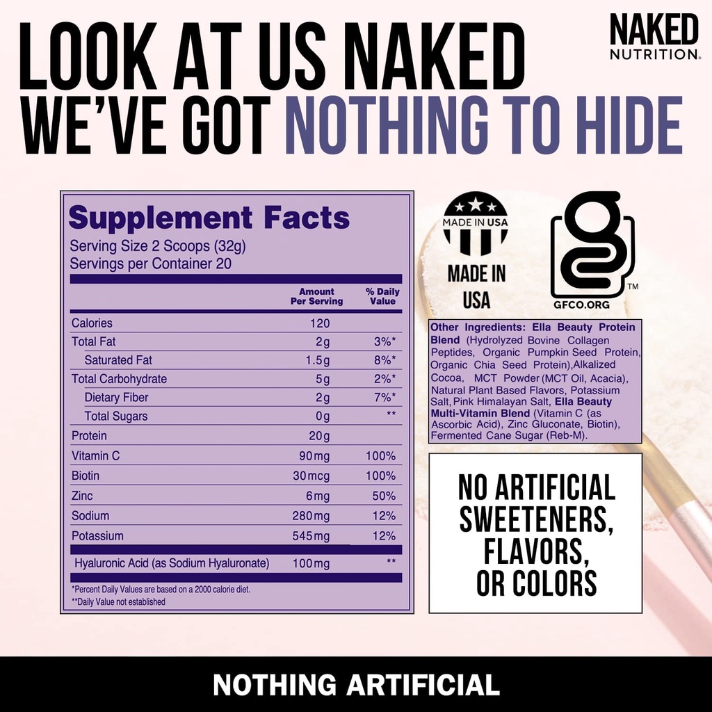 Bột Collagen thủy phân Collagen Protein Powder for Women thương hiệu ''NAKED'' : Made in USA 20 lần dùng