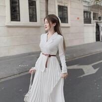 VA593   ĐẦM CỔ VEST MIX VÁY XẾP LY