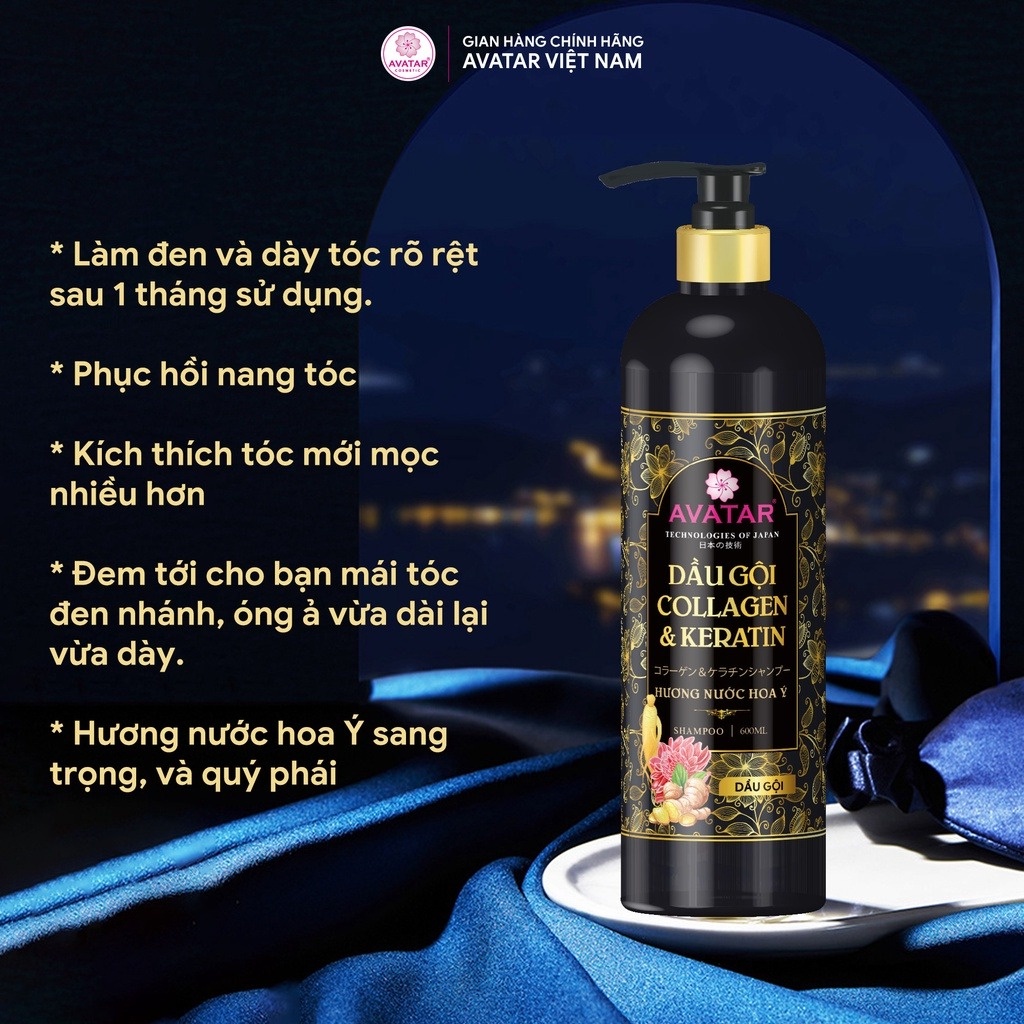 Dầu gội Avatar Collagen & Keratin phục hồi tóc hư tổn 600ml công nghệ Nhật Bản