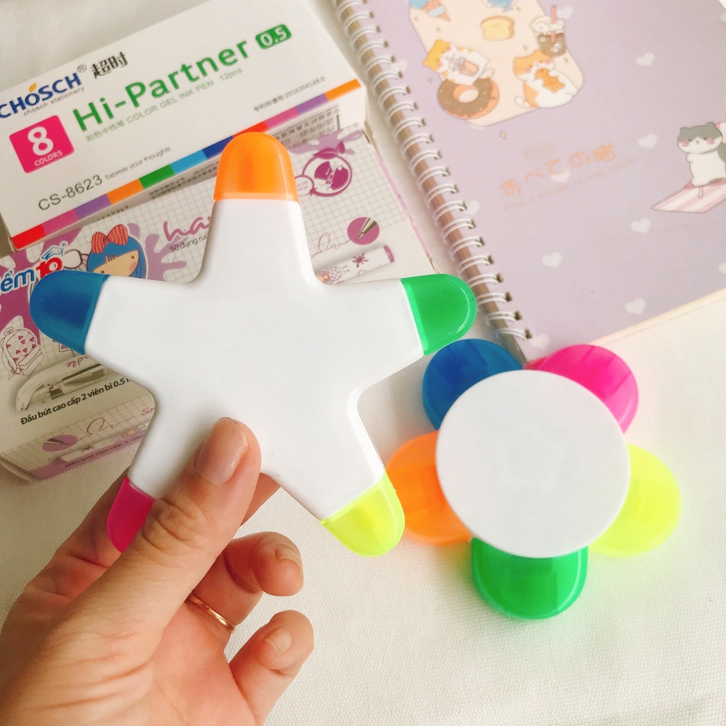 Bút highlight, bút dạ quang 5 màu hình ngôi sao, bông hoa 5 cánh