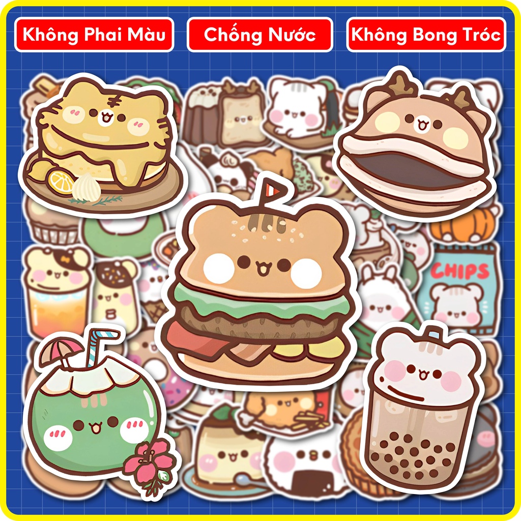 Bộ Sticker Món Ăn Hình Gấu Đáng Yêu 40 Hình - Sticker Dán Laptop, Bình Nước, Sổ Tay, Mũ Bảo Hiểm...