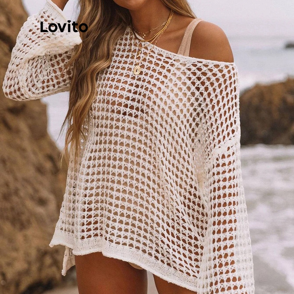 Lovito Áo Trễ Vai Tay Dài Màu Trơn Phong Cách Boho Dễ Phối Đồ L38AD038