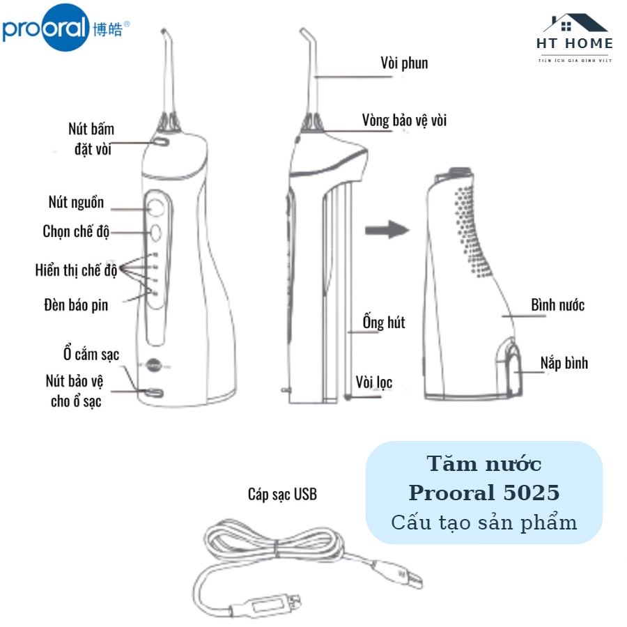 Tăm Nước Prooral 5025 Chính Hãng Bảo Hành 12 Tháng Máy Tăm Nước Cầm Tay 4 Chế Độ Làm Sạch Răng Miệng