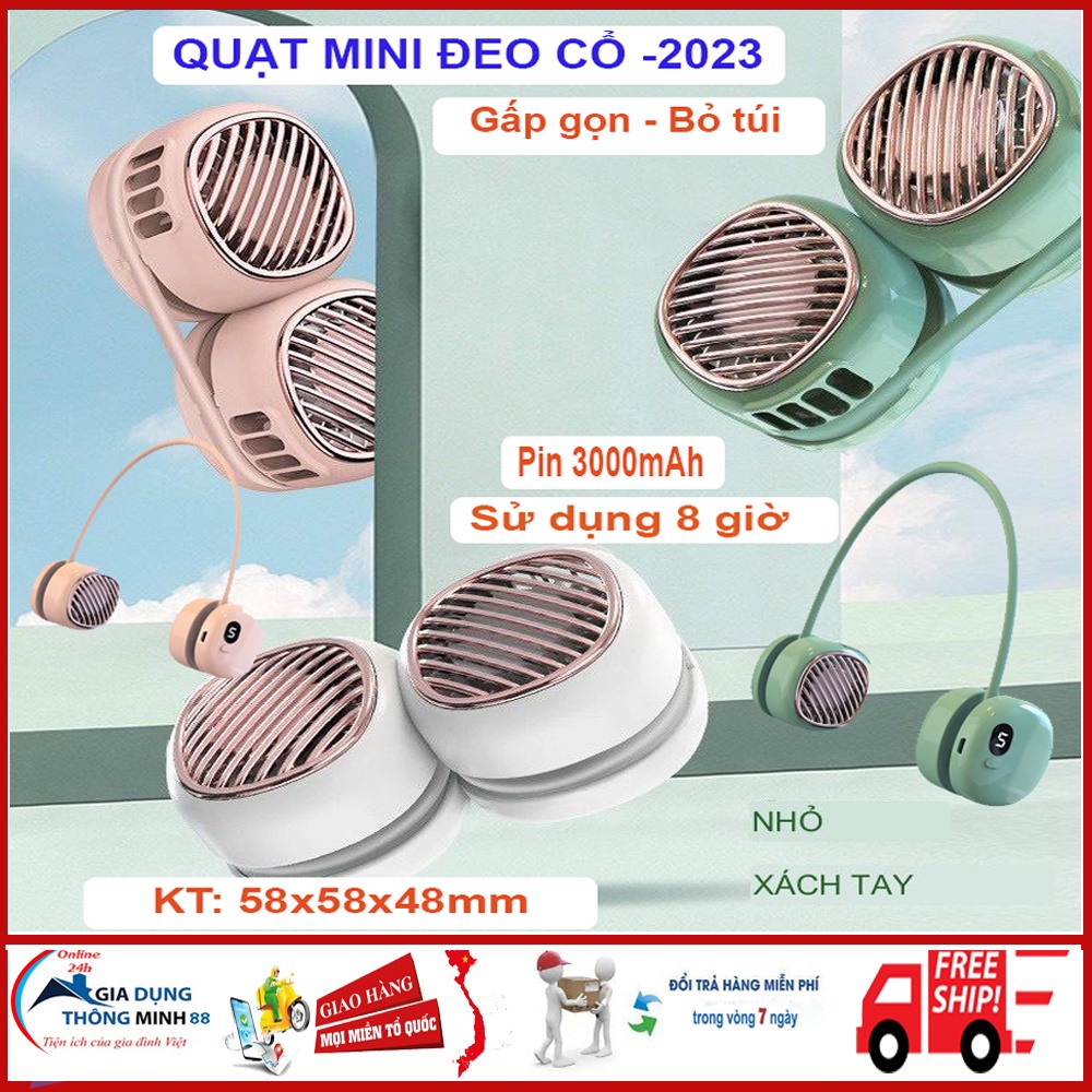 Quạt đeo cổ không cánh 3000mAh mini chạy bằng pin sạc cổng USB, quạt mini đeo cổ 5 tốc độ tiện dụng