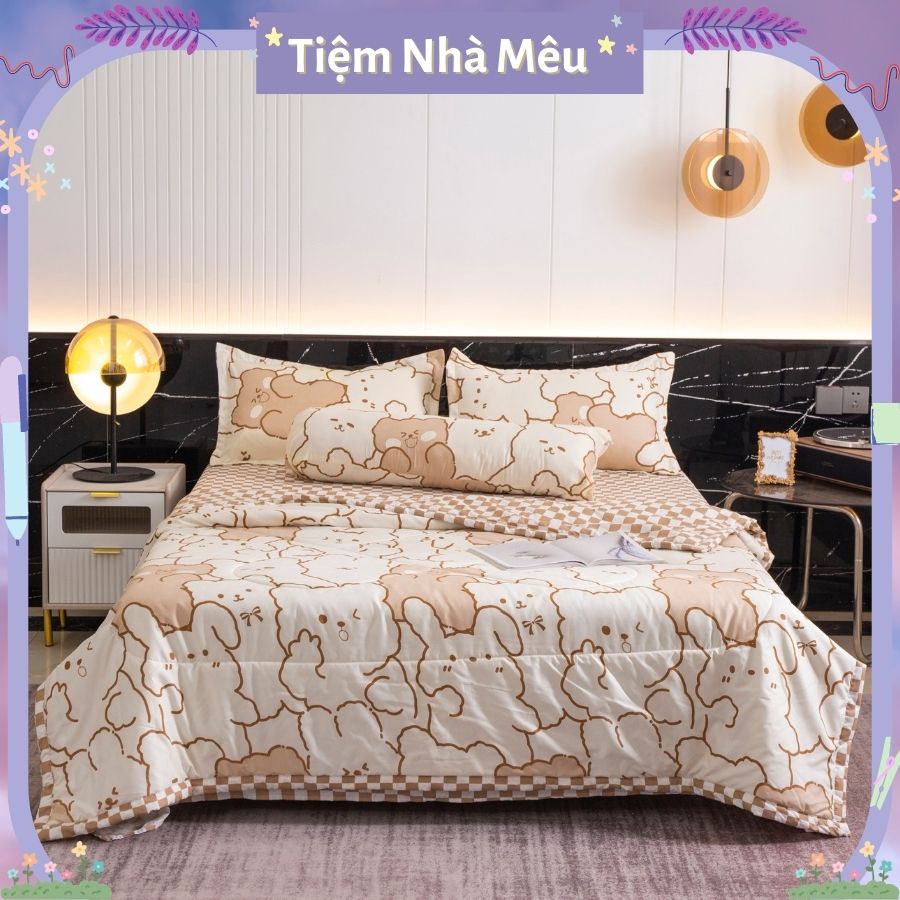 Bộ Chăn Chần Ga Gối Cotton 3D 80% Full mẫu Dễ Thương Bánh Bèo Thông Thoáng Không Phai Màu Fullsize Tiệm Nhà Mêu
