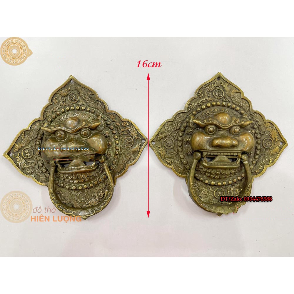Tay Nắm Cửa Mặt Hổ Phù Bằng Đồng Đường Kính 16cm Màu Nâu Hình Tứ Giác - Dùng Cho Nhà Thờ, Nhà Cổ