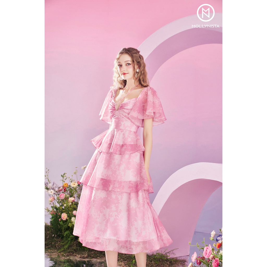 MOLLYNISTA - Đầm hồng organza von tơ in hoa tay loa 3 tầng quyến rũ thanh lịch thiết kế cao cấp tôn dáng