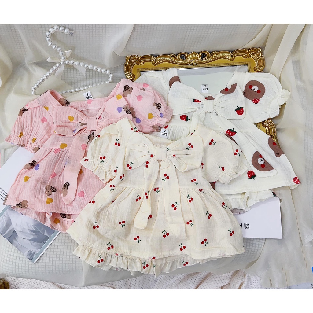 Áo quần bé gái 1 tuổi 2 tuổi 3 tuổi vải xô muslin cho da nhạy cảm mẫu nơ cho bé gái từ 6 - 15kg
