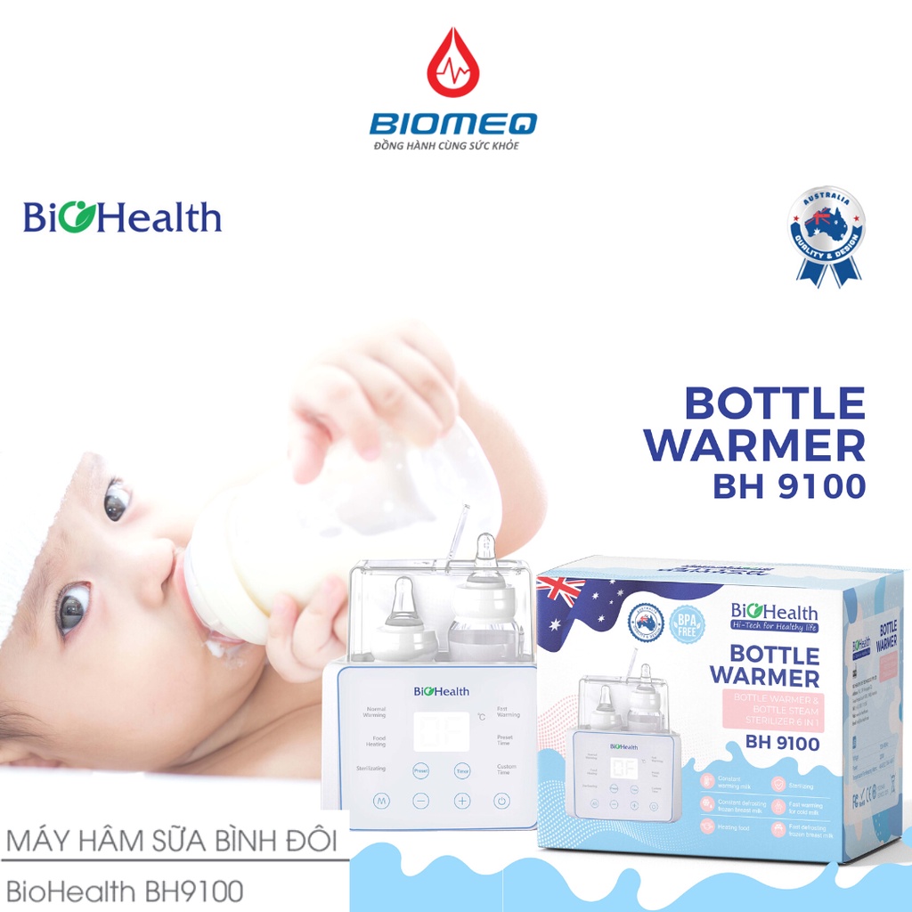Máy hâm sữa đôi BioHealth BH9100 hâm nóng nhanh, tiệt trùng bình sữa bằng hơi nước tiện lợi