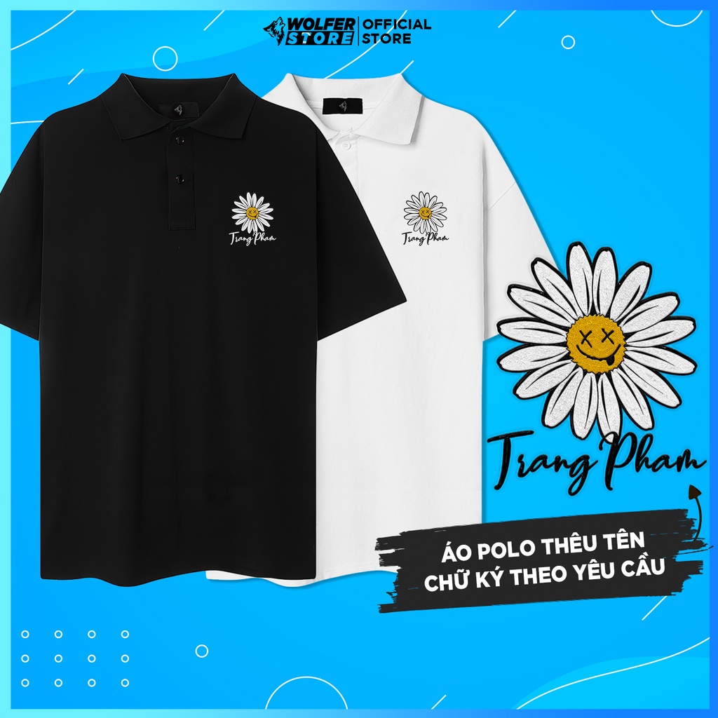 Áo polo thêu tên theo yêu cầu Hoa Daisy, Áo phông có cổ, Áo Polo nam nữ cặp đôi couple cotton dày dặn, co giãn, cao cấp