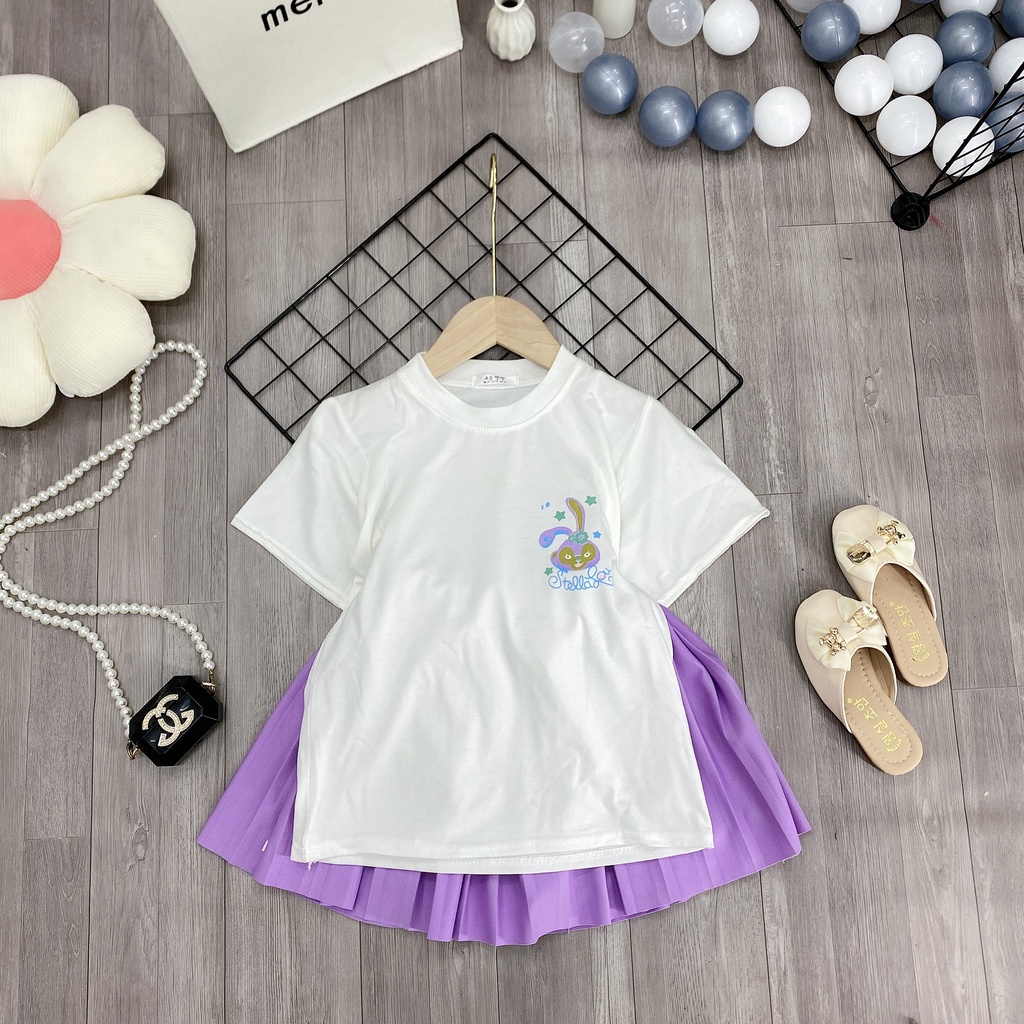 Set 2 món áo mix chân váy "HOA" xếp li 18-48kg xinh xắn cho bé gái 4-14 tuổi. Phong cách Hàn Quốc. STG64