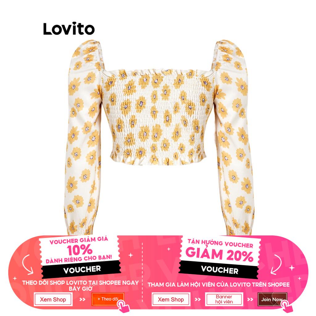 Áo kiểu dây rút Lovito dài tay cổ chữ V dáng rộng in họa tiết hoa phối bèo nhún dễ thương L04082 (Trắng)