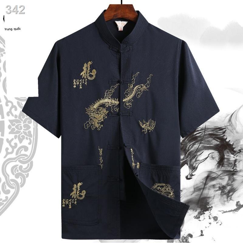 【HOT】✢ↂ℗Trang phục nhà Đường áo sơ mi nam ngắn tay phong cách Trung Quốc Hán mùa hè loại mỏng size lớn ông nội người niê