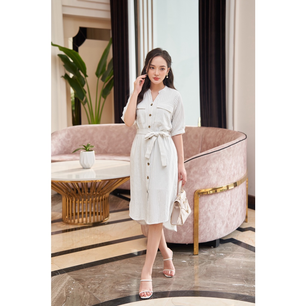 Đầm sơ mi linen kẻ Lalastyle