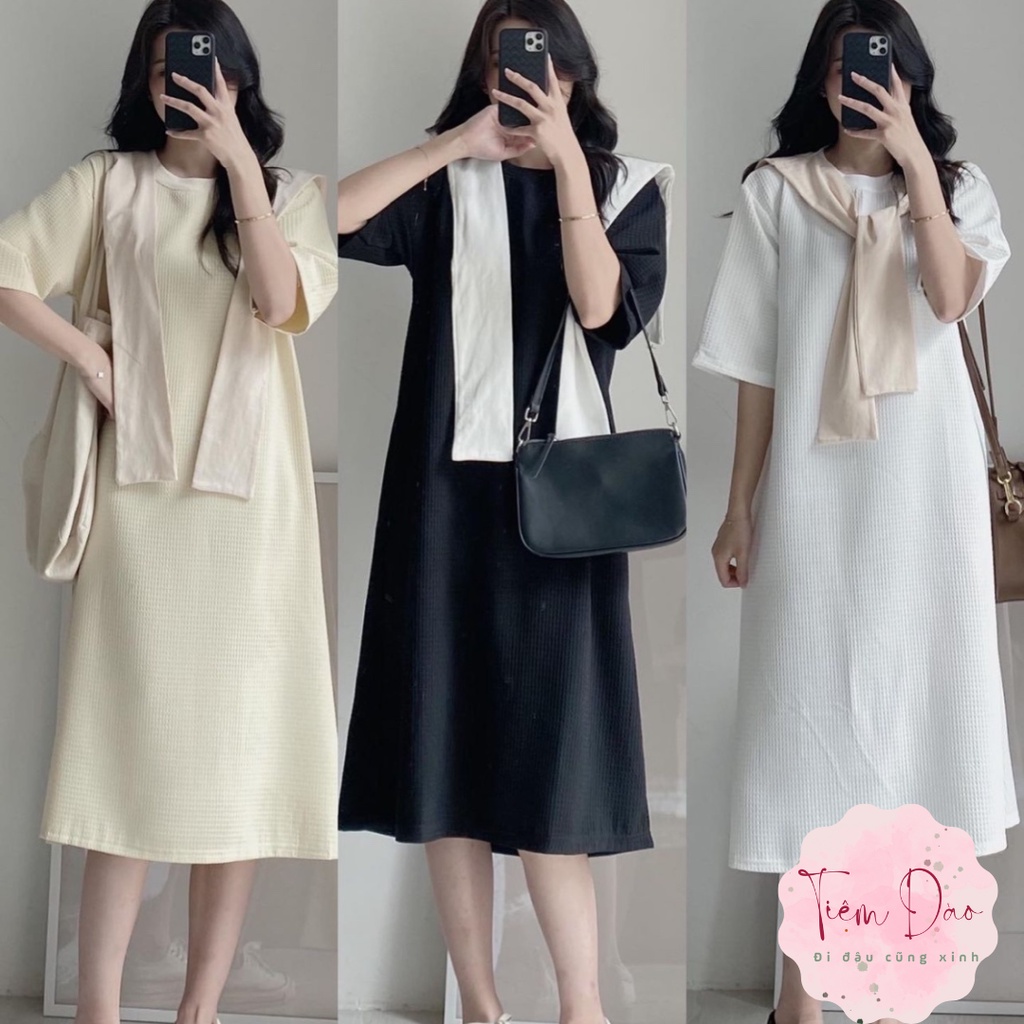 Váy suông chất cotton họa tiết ô vuông tặng kèm khăn style Hàn Quốc phù hợp mọi phong cách- tiệm Đào