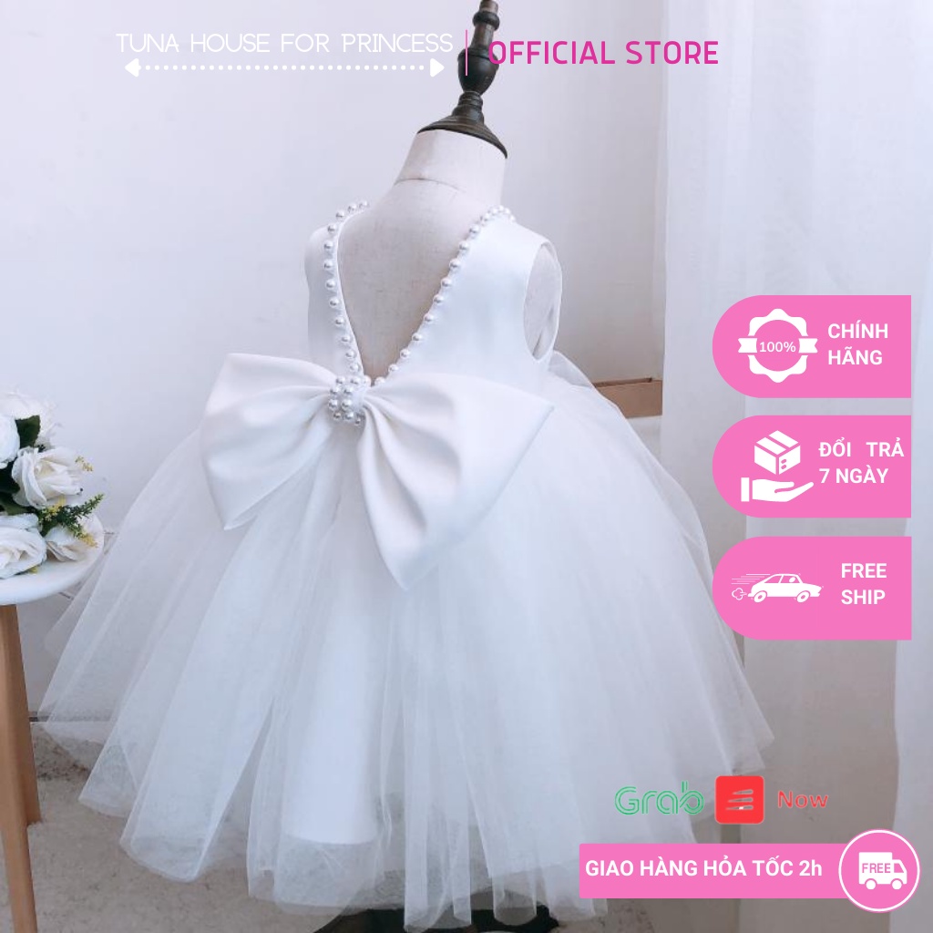 Váy đầm xoè công chúa cho bé gái cổ tròn kết hạt trắng mặc đầy tháng thôi nôi - Tuna House For Princess