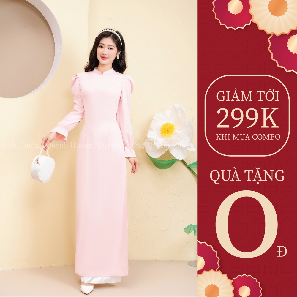Áo dài truyền thống lụa mỹ hồng tay chun đính hạt trai siêu xinh by Quỳnh Hương