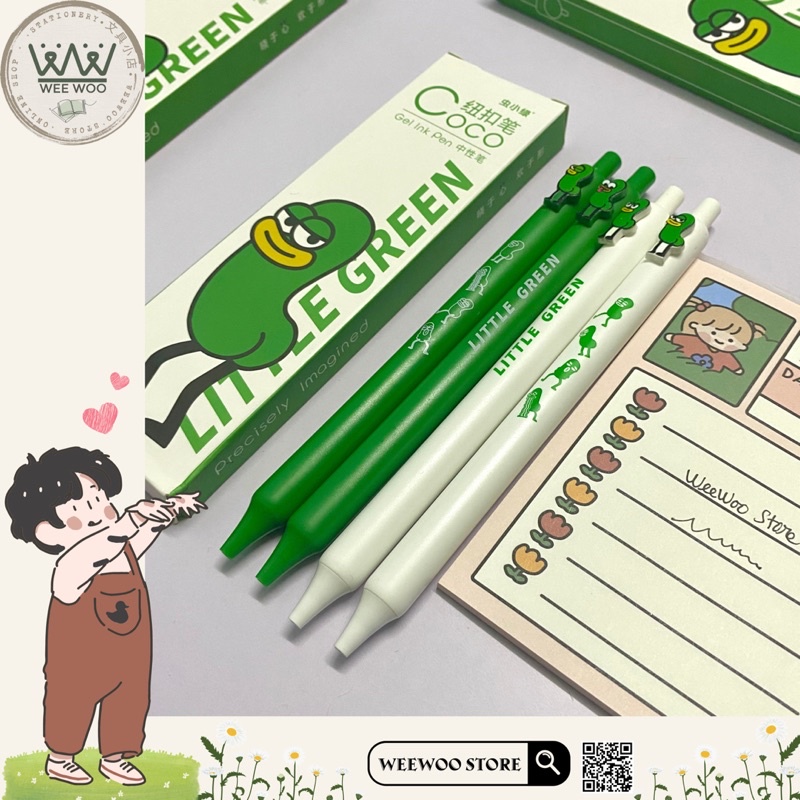 Bút bấm gel đen Coco Bé Sâu Xanh cute ngòi kim 0.42mm - WeeWoo Store