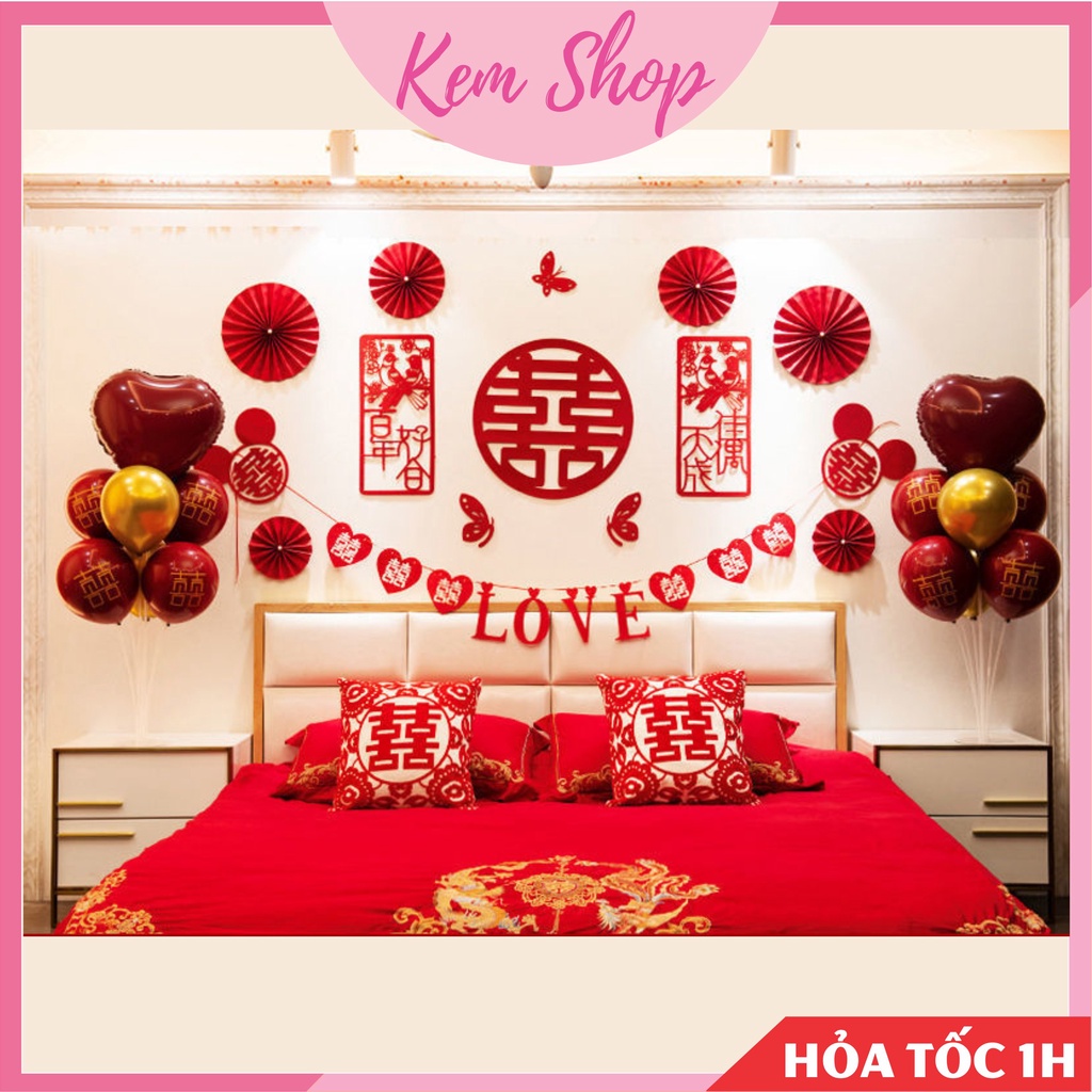 Dây chữ LOVE kèm chữ hỷ trái tim vải nỉ dạ màu đỏ trang trí đám cưới, phòng cưới - K337