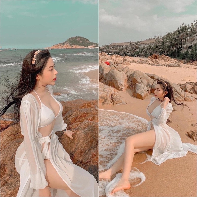 Áo choàng khoát ngoài bikini tay bo vải chất chifong dày dặn, dáng dài 2 màu đen, trắng