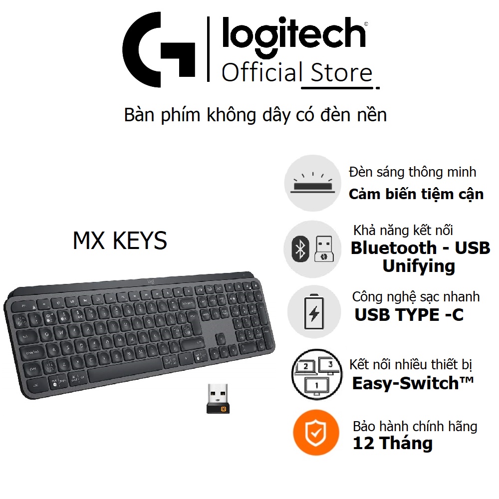 Bàn phím Logitech MX Keys Wireless Illuminated Keyboard không dây bluetooth - Chính hãng Digiworld