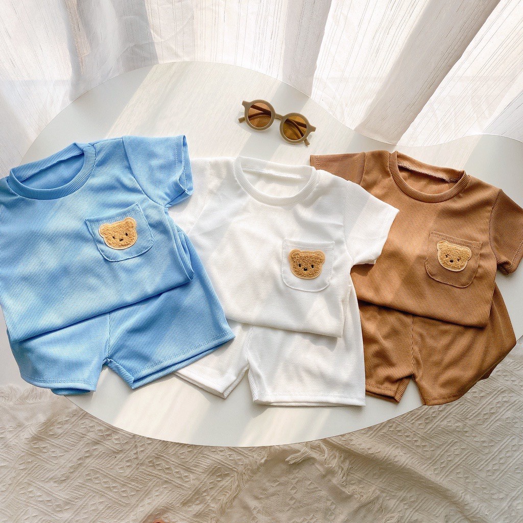 Đồ bộ thun tăm trơn mát lạnh size 7-17kg thêu hình gấu đáng yêu cho bé trai bé gái - Voi Kids shop