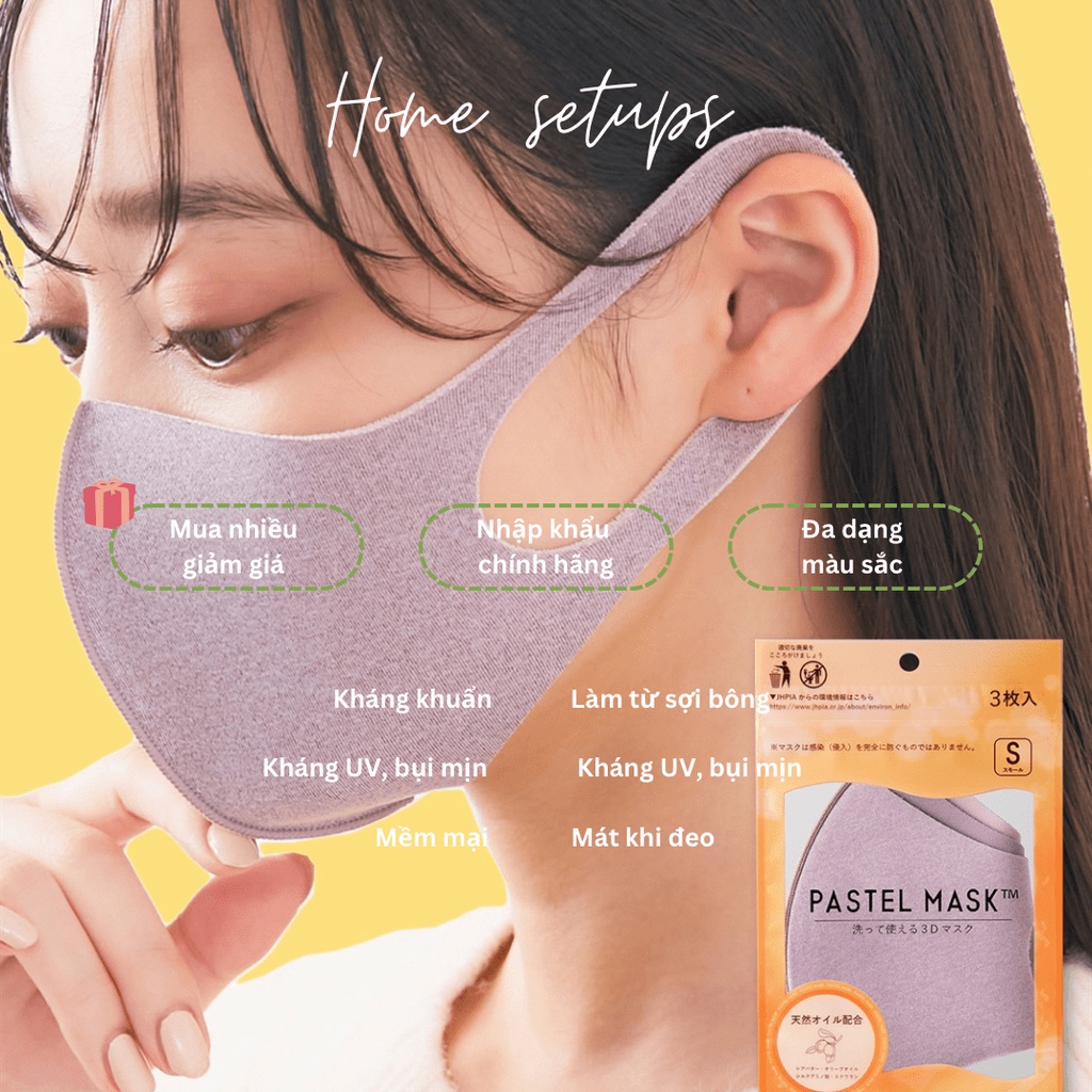 GÓI 3 CHIẾC khẩu trang vải kháng khuẩn Nhật PASTEL MASK - mềm mại, kháng bụi, UV đeo cực êm tai khi di chuyển