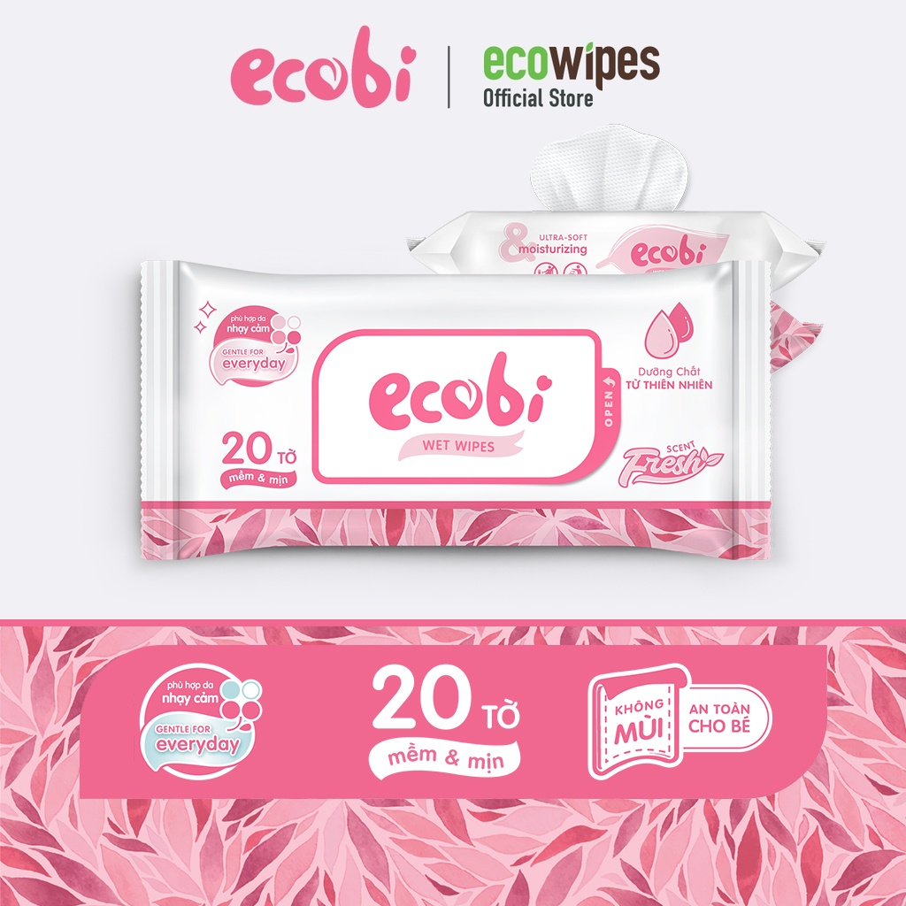 Khăn ướt cho bé Ecobi gói 20 tờ an toàn cho trẻ sơ sinh hương dịu nhẹ